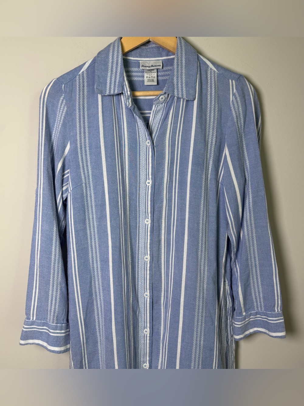 Tommy Bahama Striped Maxi Shirtdress Long Sleeve Roll Cuff Coastal Blue White XS - Picture 2 of 9